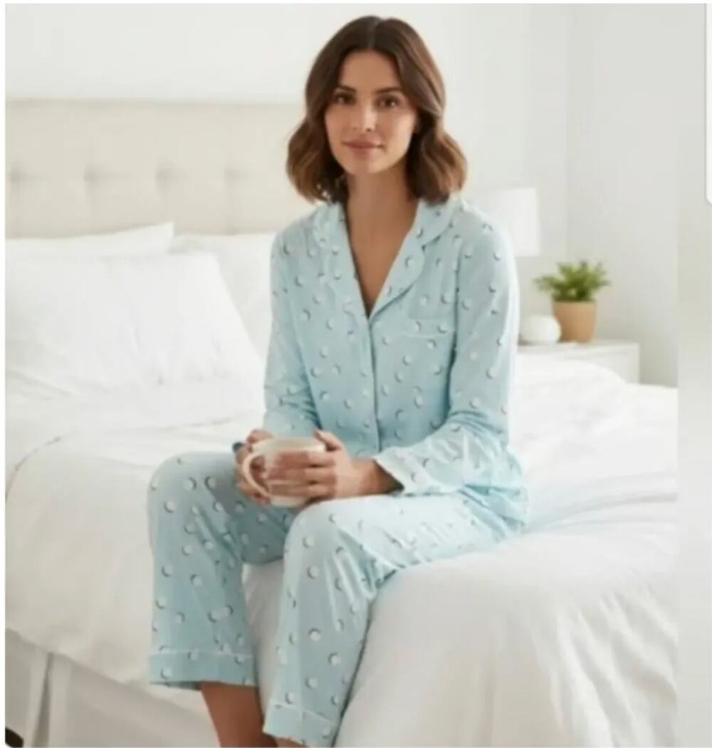 Kate Spade Polka Dot Pajama Set Light Blue & White size L Crescent Moon NWT